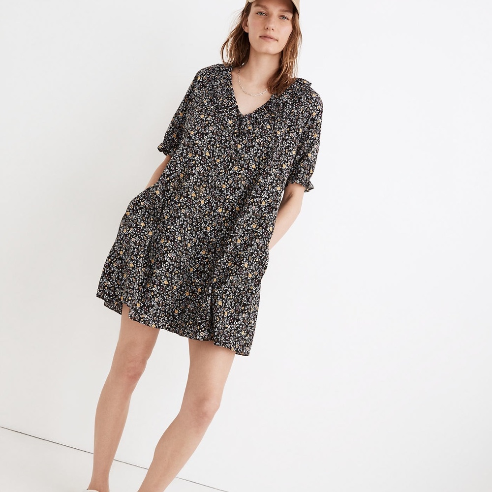 Floral Ruffle Button-Front Trapeze Dress